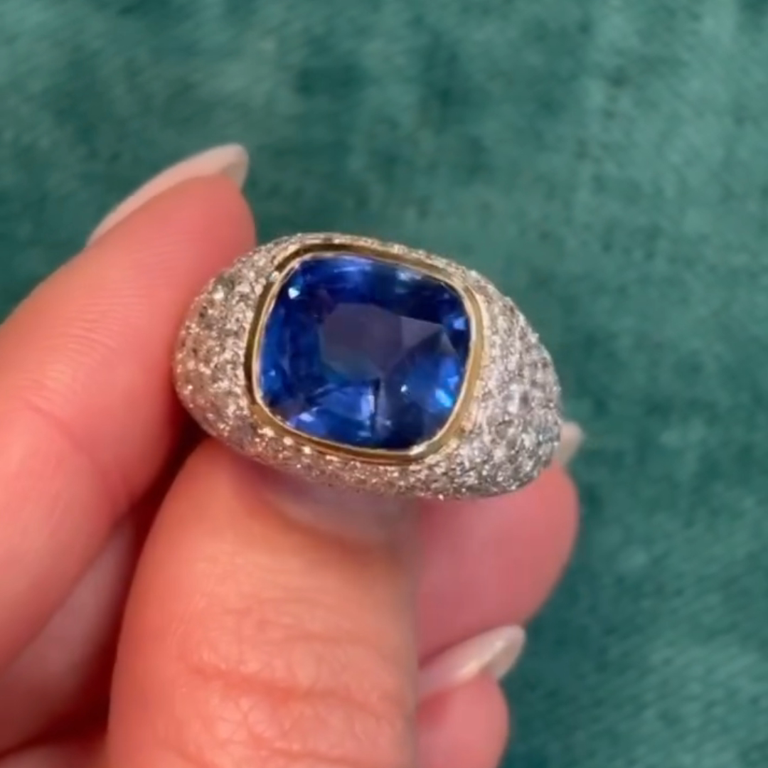 5ct Cushion-cut Sapphire Sterling Silver Plated With Yellow Gold Handmade Ring