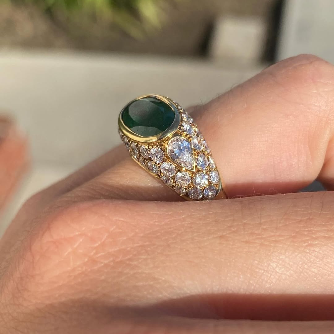 3ct Oval-cut Emerald Sterling Silver Handmade Ring Plated With Yellow Gold