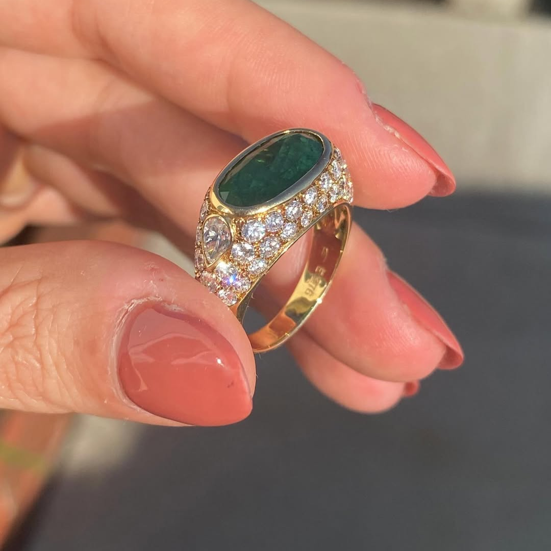 3ct Oval-cut Emerald Sterling Silver Handmade Ring Plated With Yellow Gold