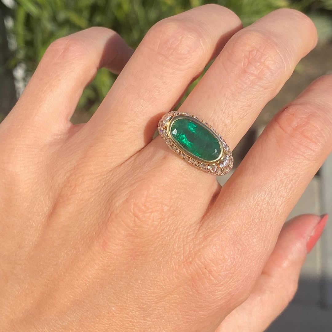 3ct Oval-cut Emerald Sterling Silver Handmade Ring Plated With Yellow Gold