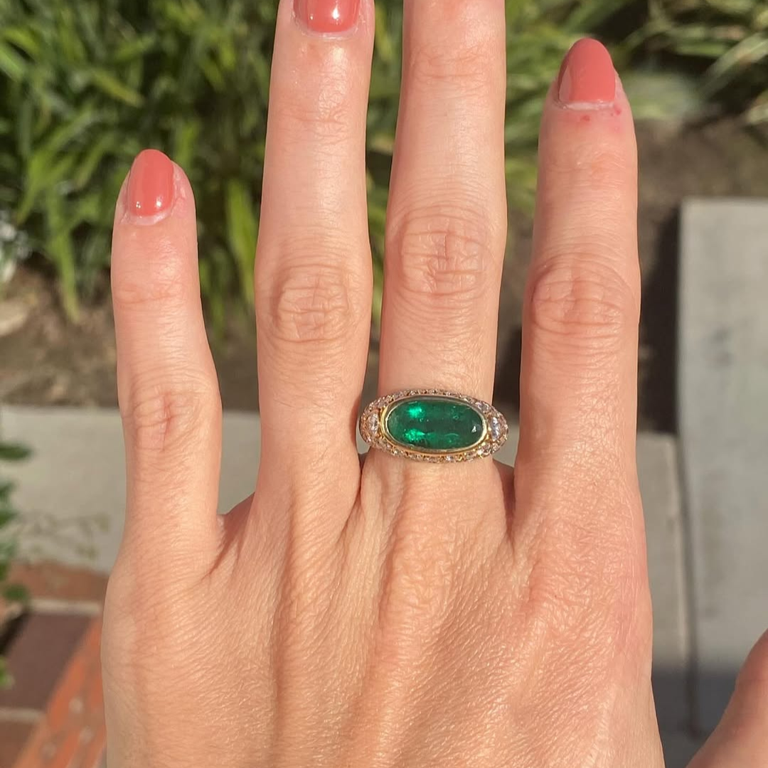 3ct Oval-cut Emerald Sterling Silver Handmade Ring Plated With Yellow Gold