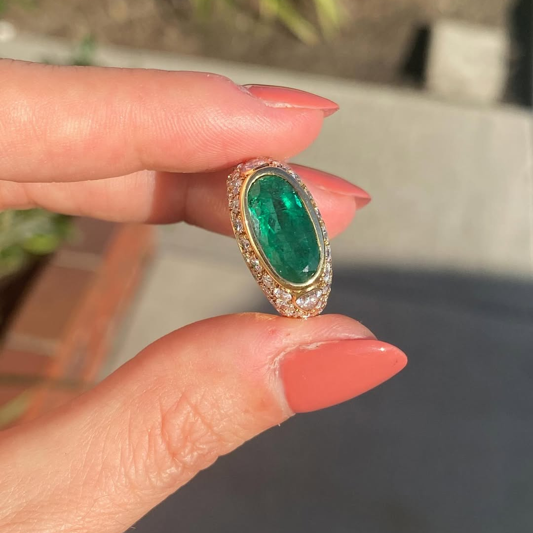 3ct Oval-cut Emerald Sterling Silver Handmade Ring Plated With Yellow Gold