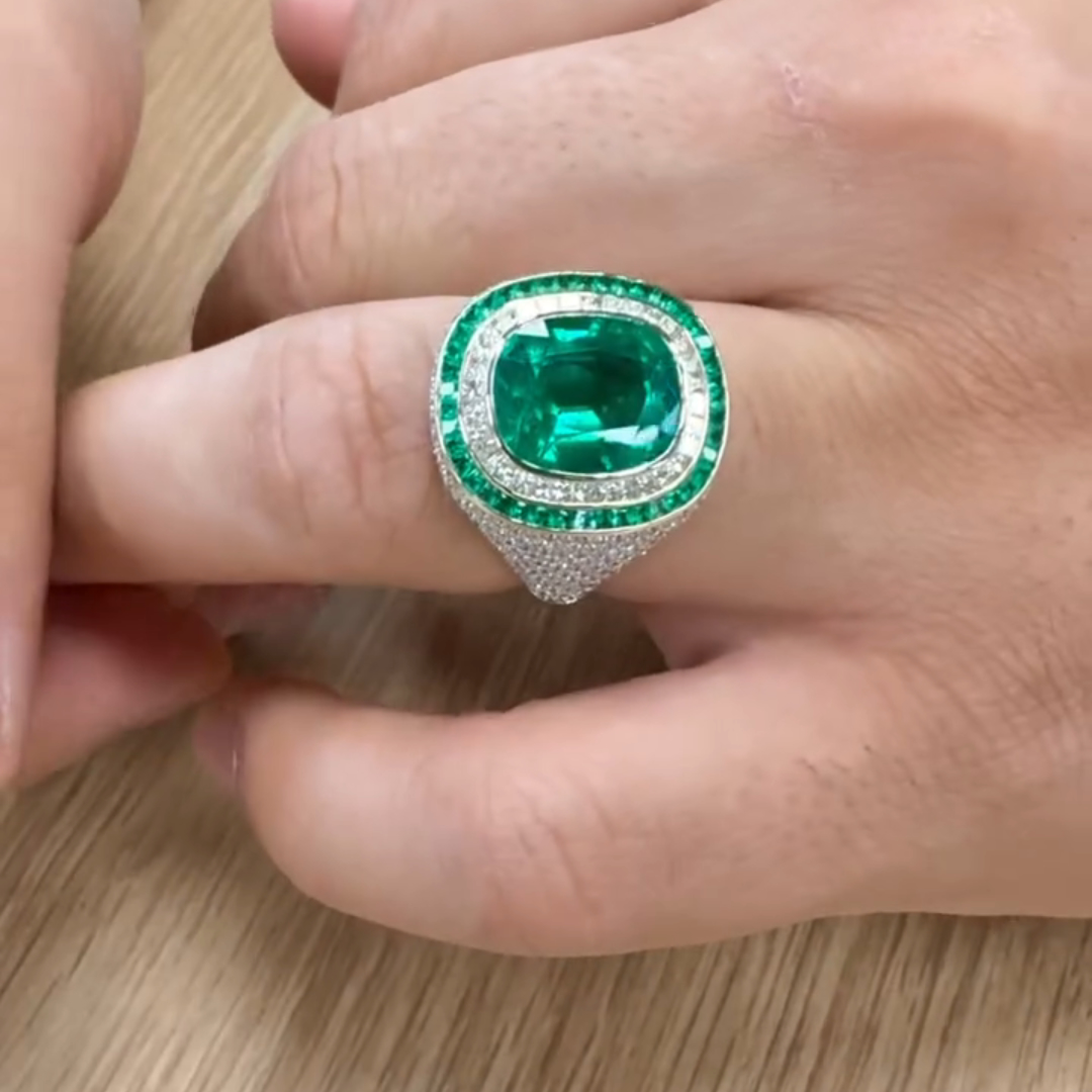 6ct Cushion-cut Emerald Sterling Silver Handmade Ring
