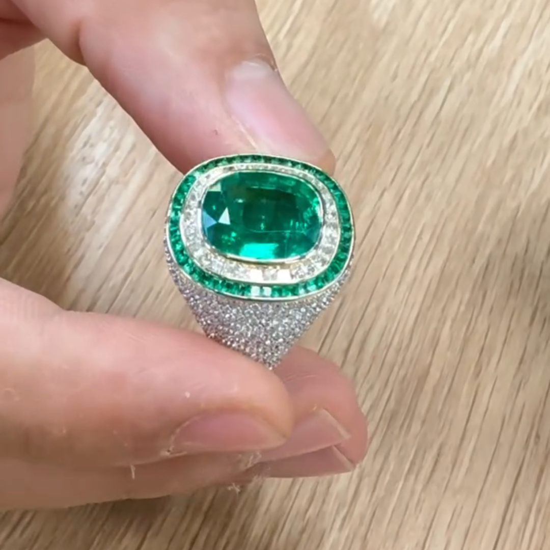 6ct Cushion-cut Emerald Sterling Silver Handmade Ring