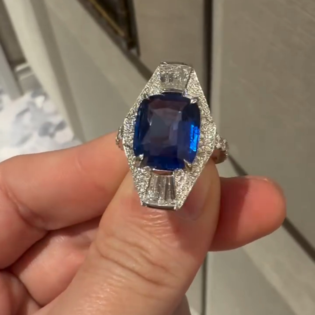 5ct Cushion-cut Sapphire Sterling Silver Handmade Ring
