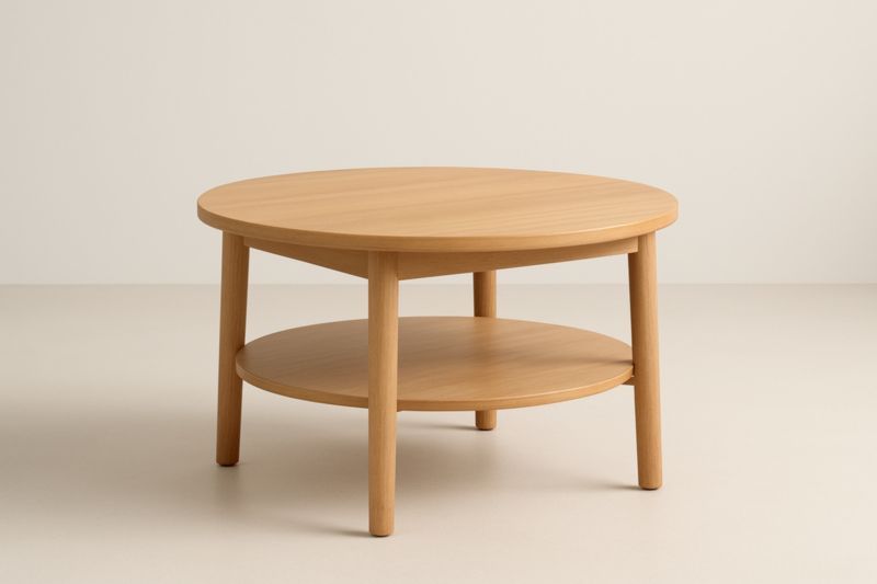 Table basse ronde en hêtre massif naturel 80 cm diamètre 45 cm hauteur avec étagère inférieure
