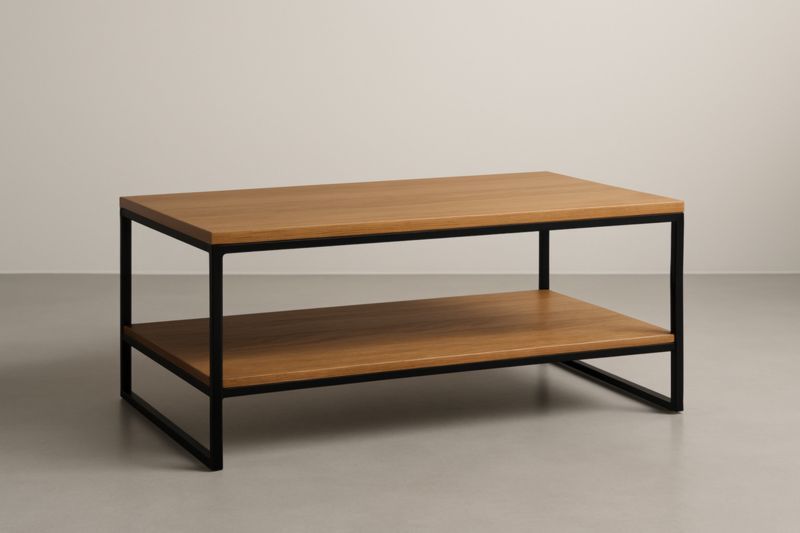 Table basse 100x50x45 cm avec plateau en bois d'ingénierie et cadre en acier, couleur bois naturel/noir avec étagère inférieure fixe