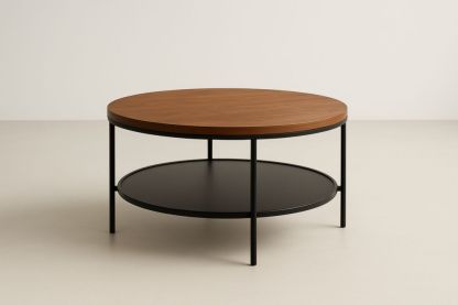 Table basse ronde 2 niveaux en MDF brun et acier noir, Ø 80×45 cm