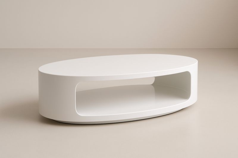 Table basse ovale blanche 120 x 60 x 35 cm en MDF avec espace de rangement intégré