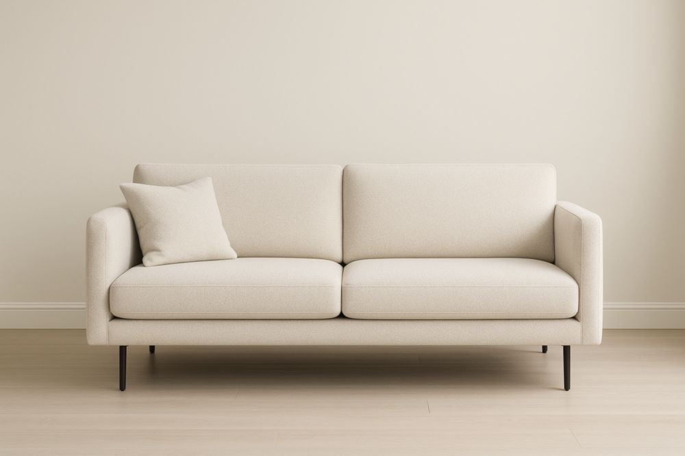 Canapé deux places en tissu polyester beige avec pieds en acier