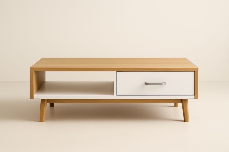 Table basse chêne clair et blanc 120 x 60 x 40 cm en MDF avec tiroir et étagère ouverte