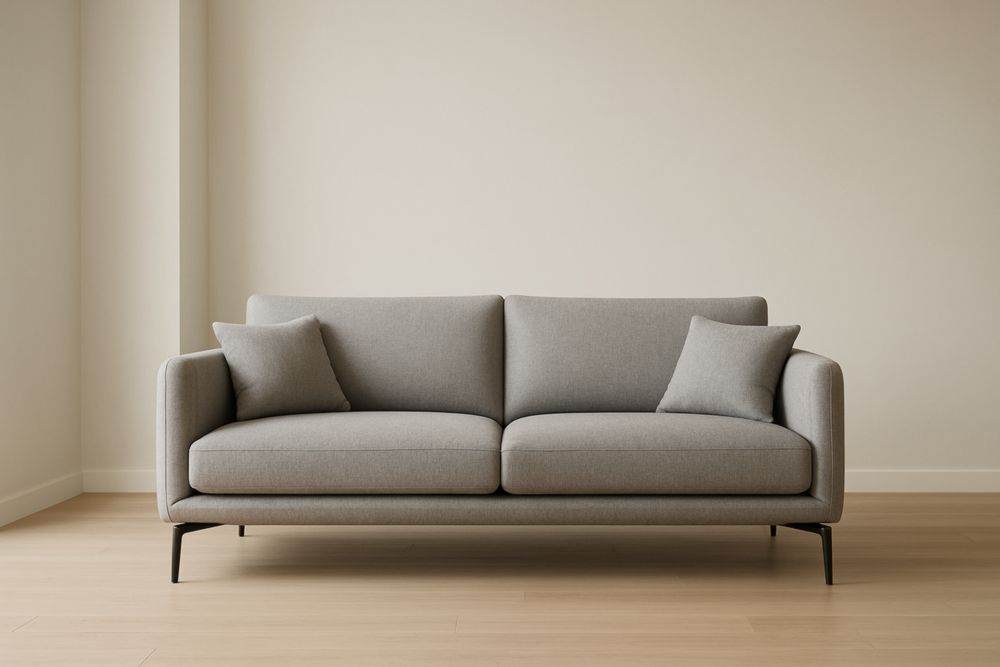 Canapé deux places en tissu gris, structure métallique