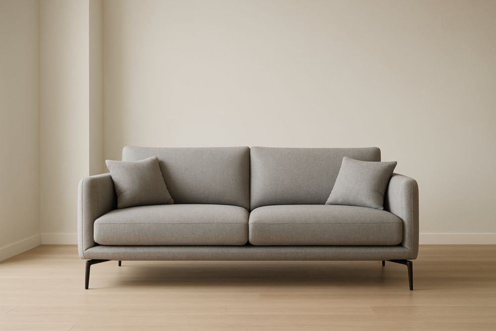 Canapé deux places en tissu gris, structure métallique