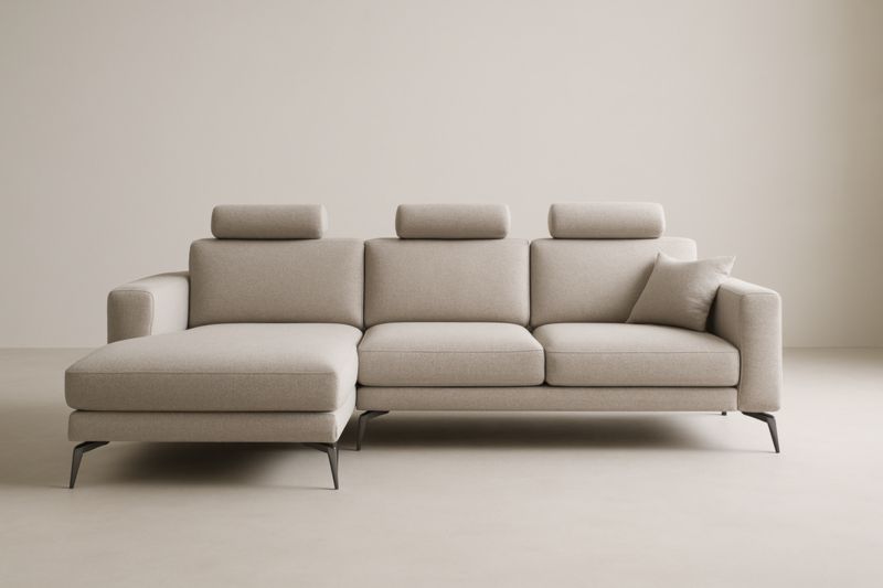 Canapé d'angle 250x160x85 cm en hêtre massif avec revêtement en tissu polyester beige, coussins de dossier et repose-tête réglable