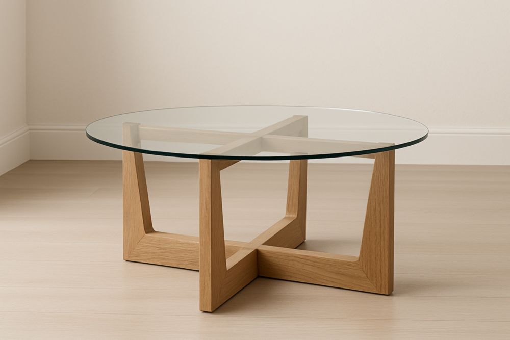 Table basse ronde en verre trempé et chêne