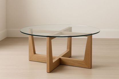 Table basse ronde en verre trempé et chêne