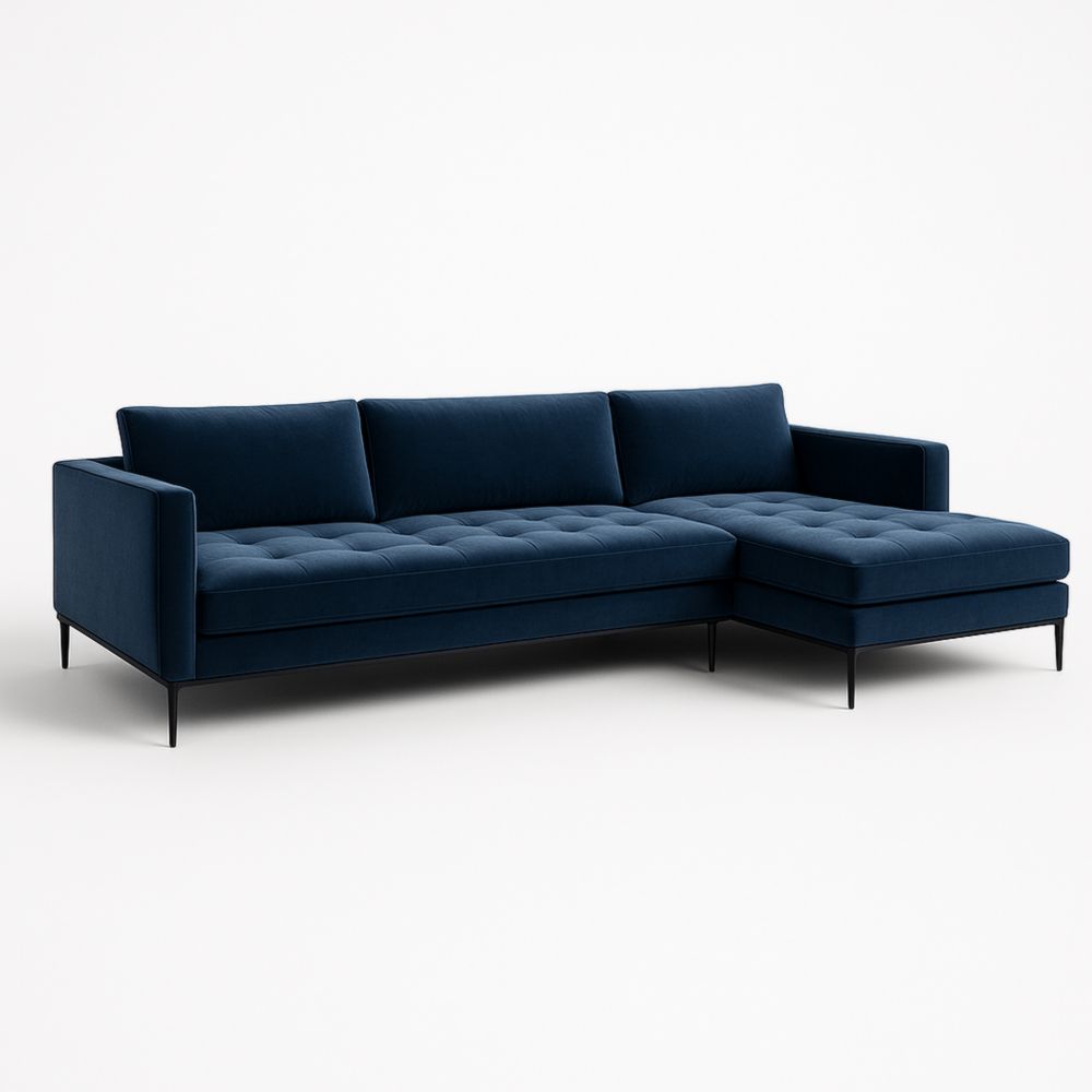 Canapé d'angle en velours bleu 300cm avec pieds en métal