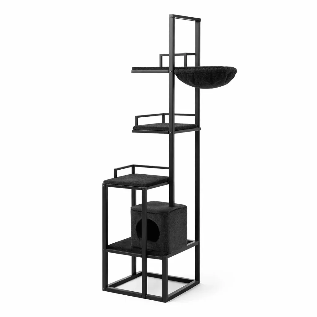 Cat Tree Climbing Tower with Steel Frame and Polyester Fabric Black-ROOMGLOWZ