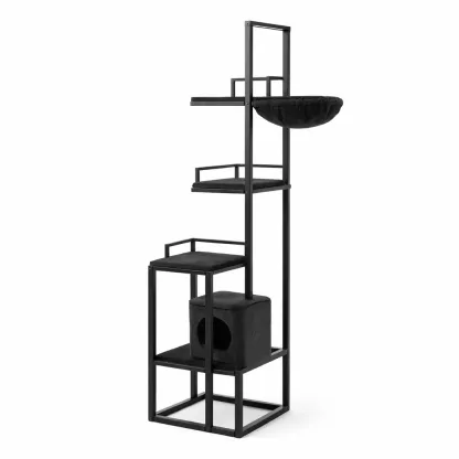 Cat Tree Climbing Tower with Steel Frame and Polyester Fabric Black-ROOMGLOWZ