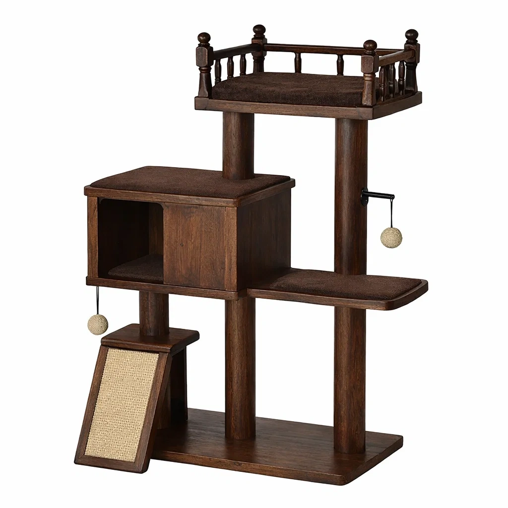 Cat Tree Wooden with Scratching Ramp and Cushioned Platforms Brown-ROOMGLOWZ