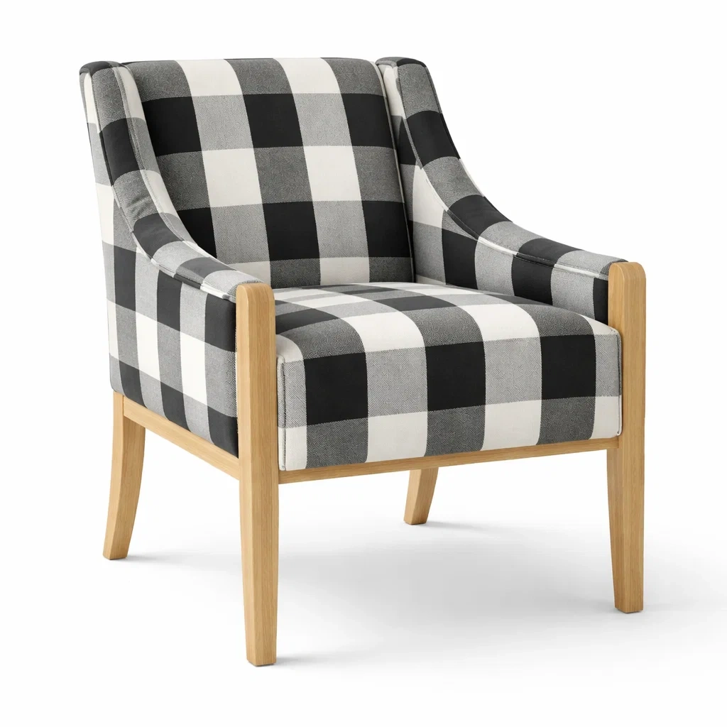 Armchair Plaid Fabric Upholstery Wooden Frame Black/White 75cm x 75cm x 85cm-ROOMGLOWZ