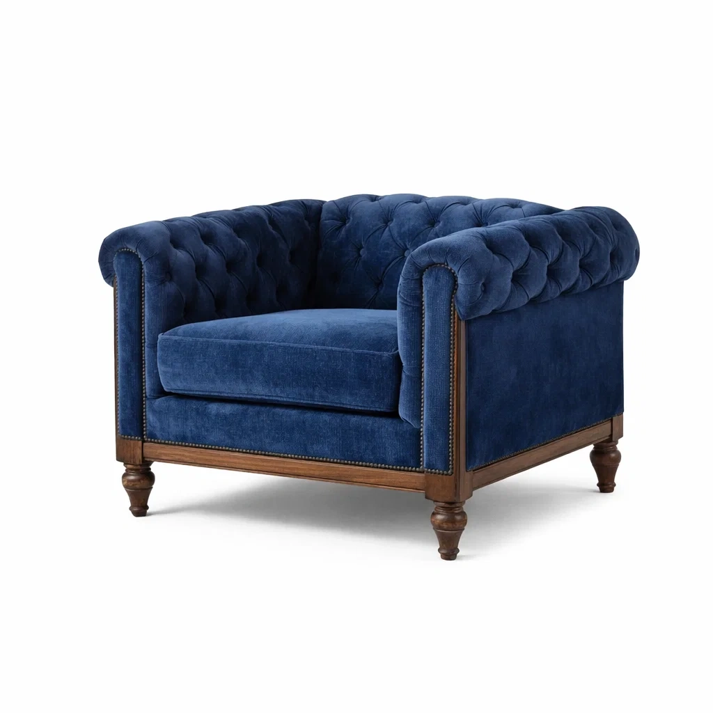 Armchair Velvet with Wooden Legs and Tufted Design-ROOMGLOWZ