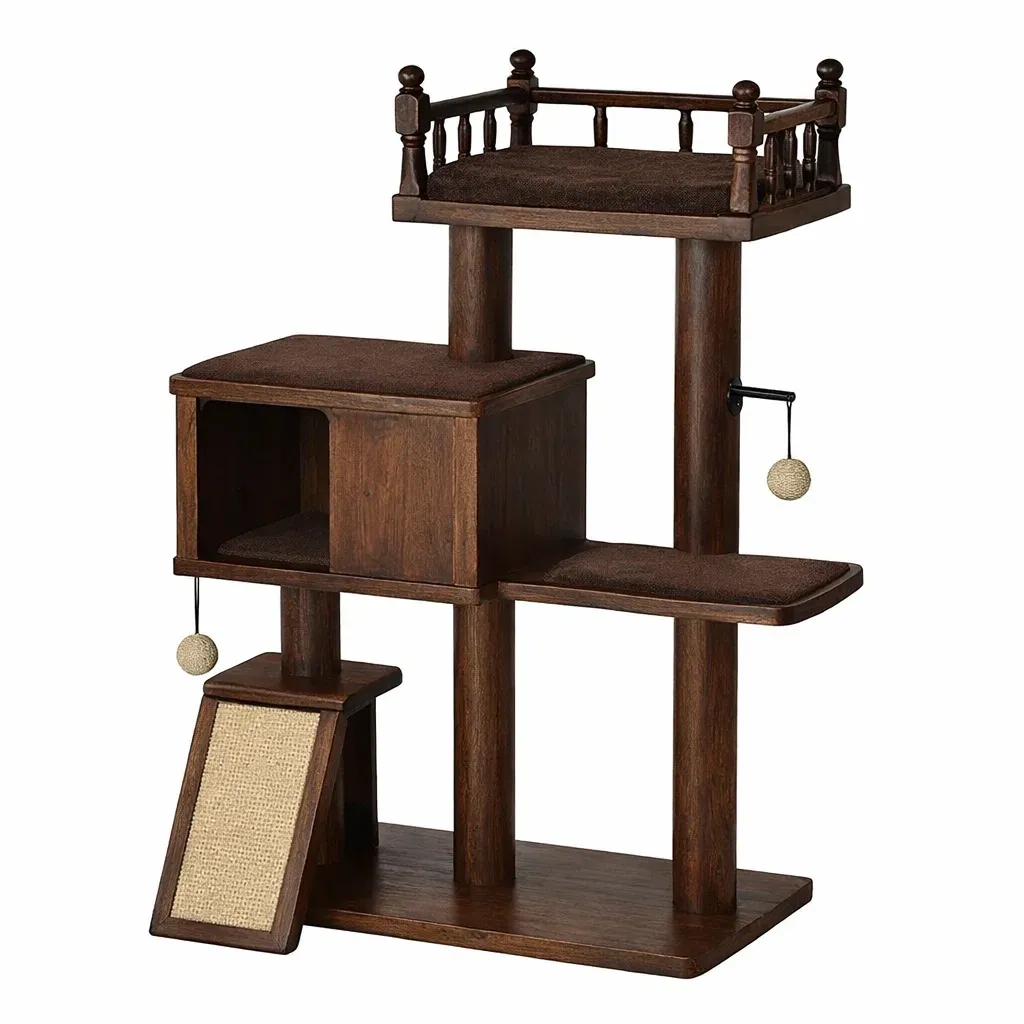 Cat Tree Wooden with Scratching Ramp and Cushioned Platforms Brown-ROOMGLOWZ