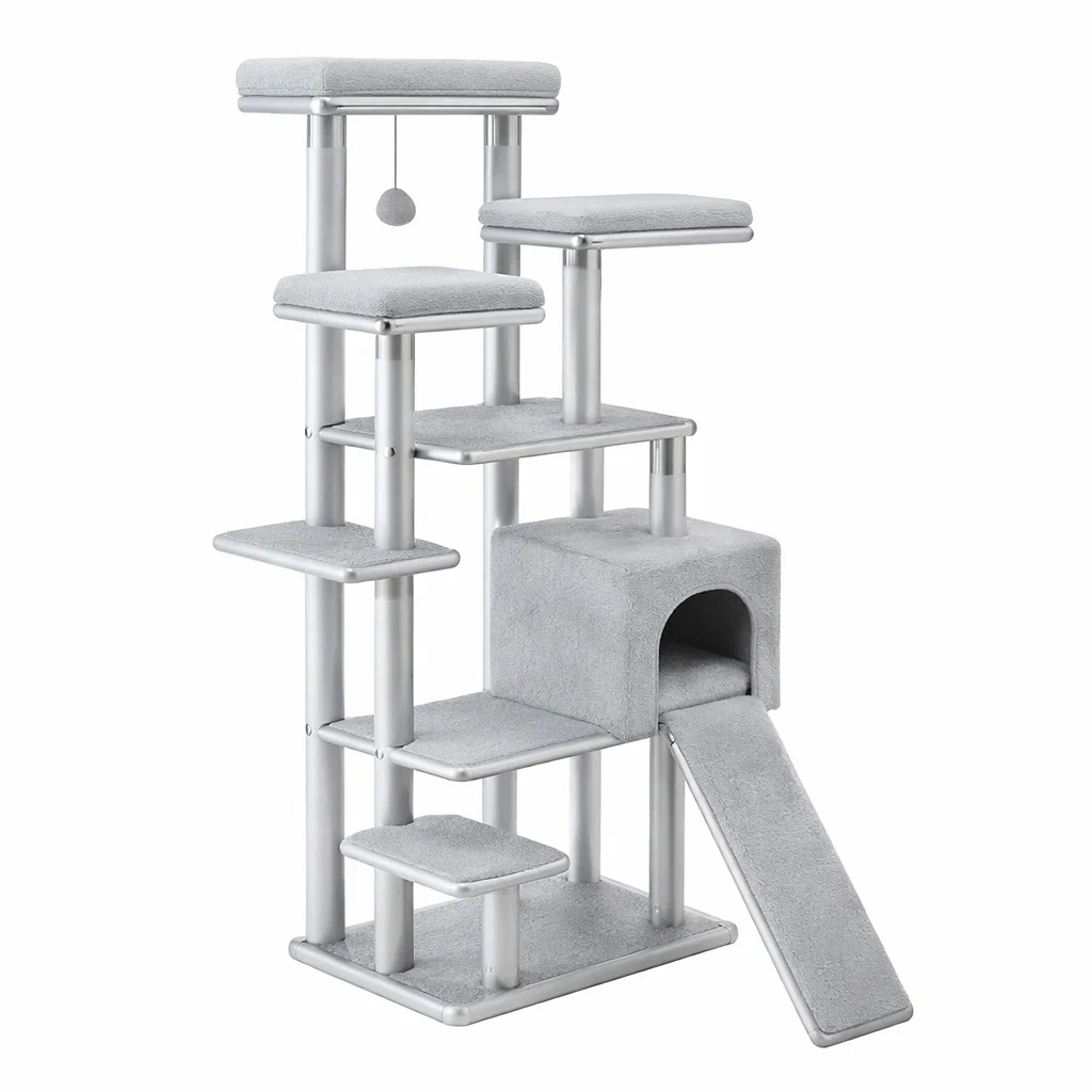 Cat Tree Multi-Level Plush Engineered Wood Grey-ROOMGLOWZ