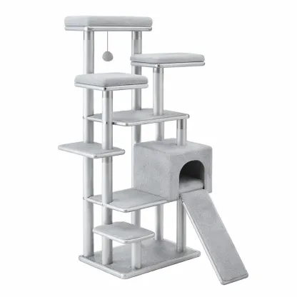 Cat Tree Multi-Level Plush Engineered Wood Grey-ROOMGLOWZ