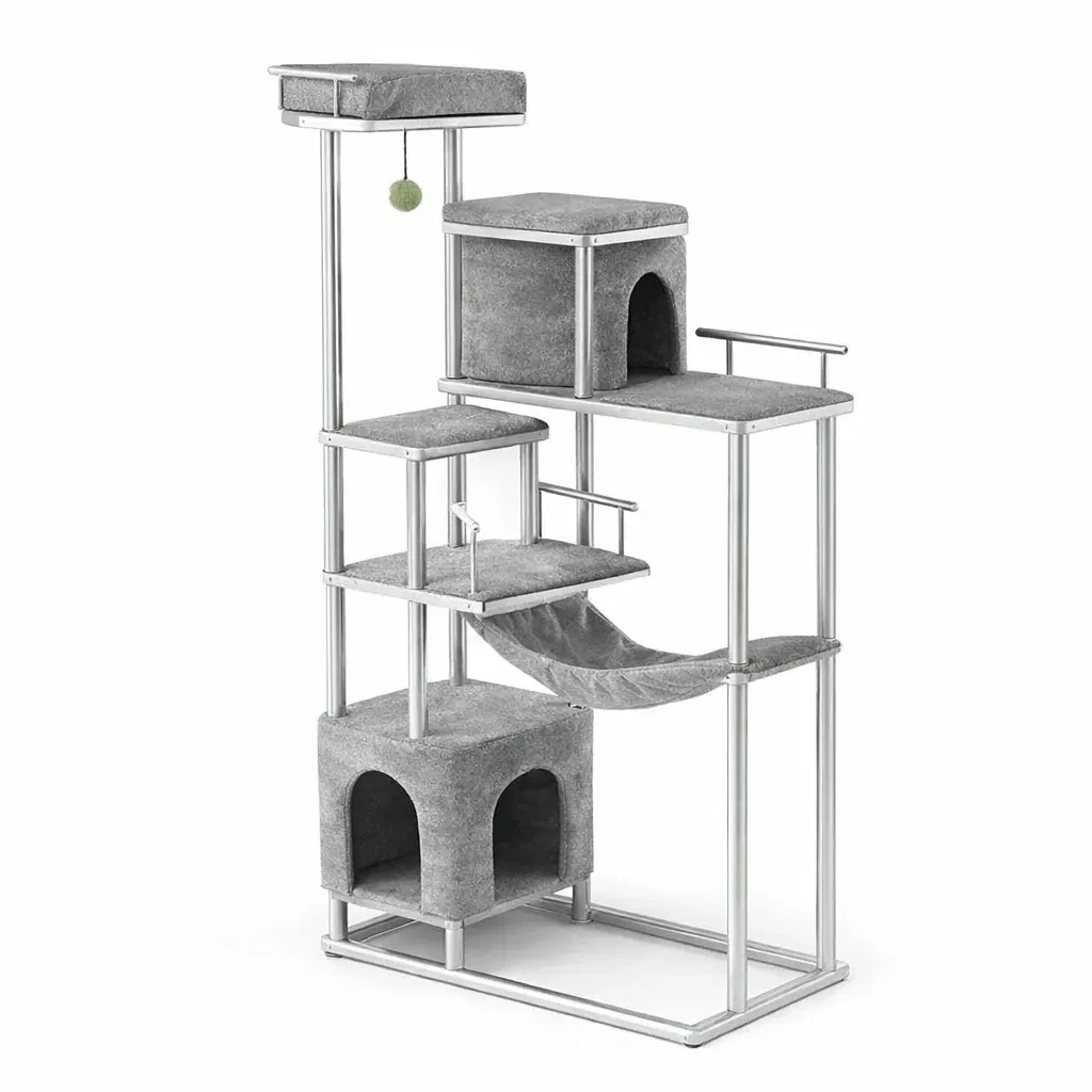 Cat Tree Multi-Level with Metal Frame and Gray Faux Fur-ROOMGLOWZ
