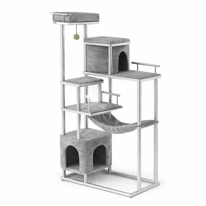 Cat Tree Multi-Level with Metal Frame and Gray Faux Fur-ROOMGLOWZ