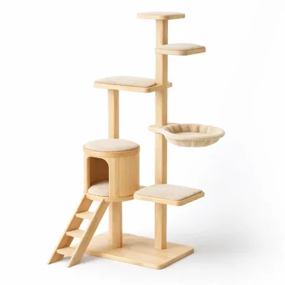 Cat Tree Multi-Level Wooden with Polyester Fabric Pads and Ladder-ROOMGLOWZ