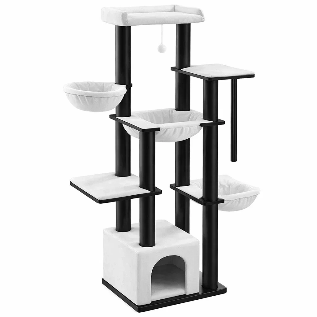 Cat Tree with Hammocks and Platforms MDF Frame with Velvet Upholstery Black and White-ROOMGLOWZ