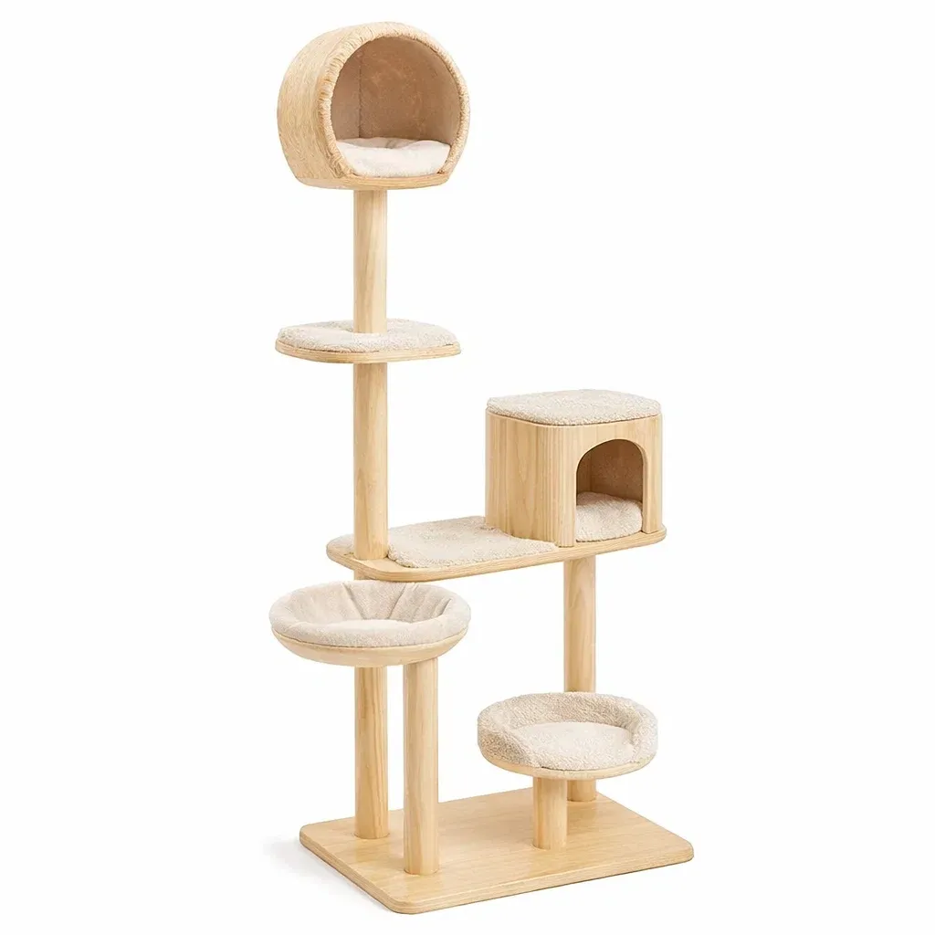Cat Tree Wooden with Multiple Levels and Plush Cushions Natural-ROOMGLOWZ