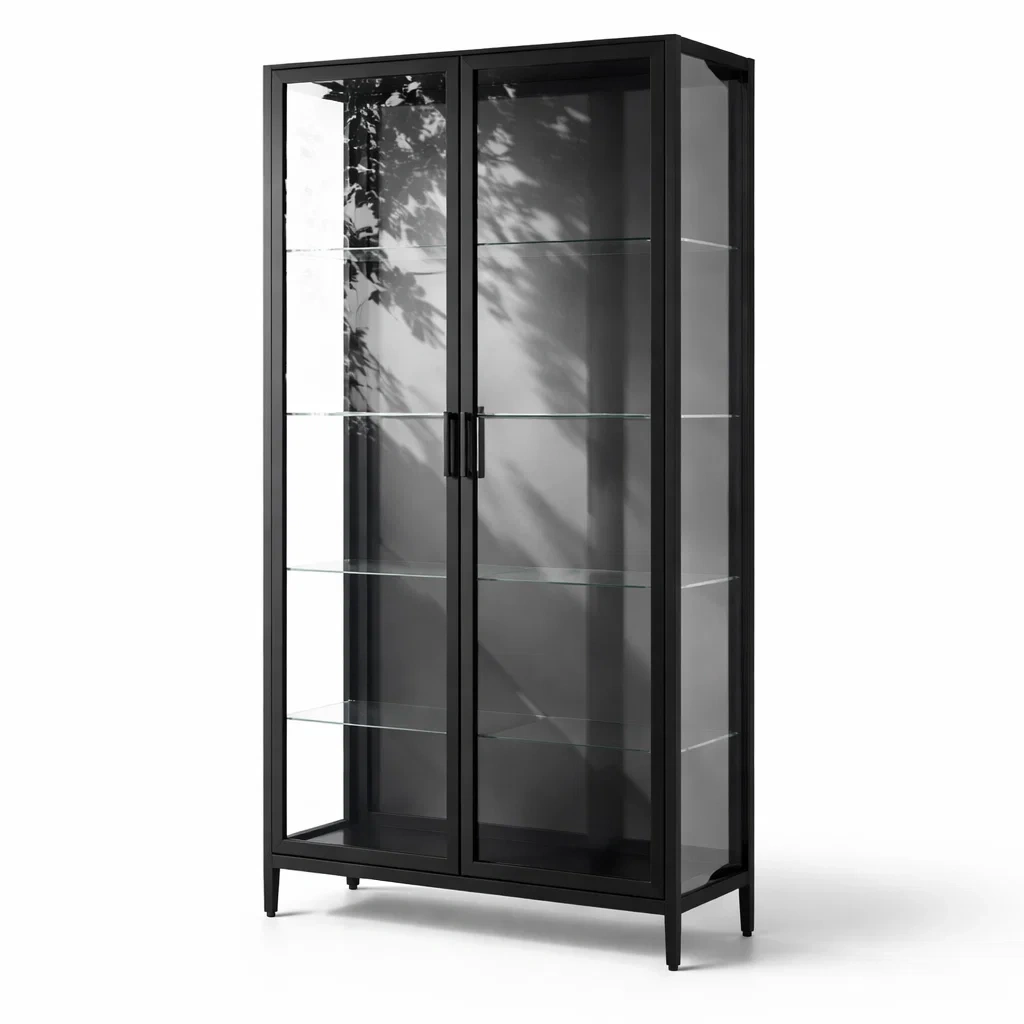 Display Cabinet Black Metal with Tempered Glass Hinged Doors and Shelves-ROOMGLOWZ