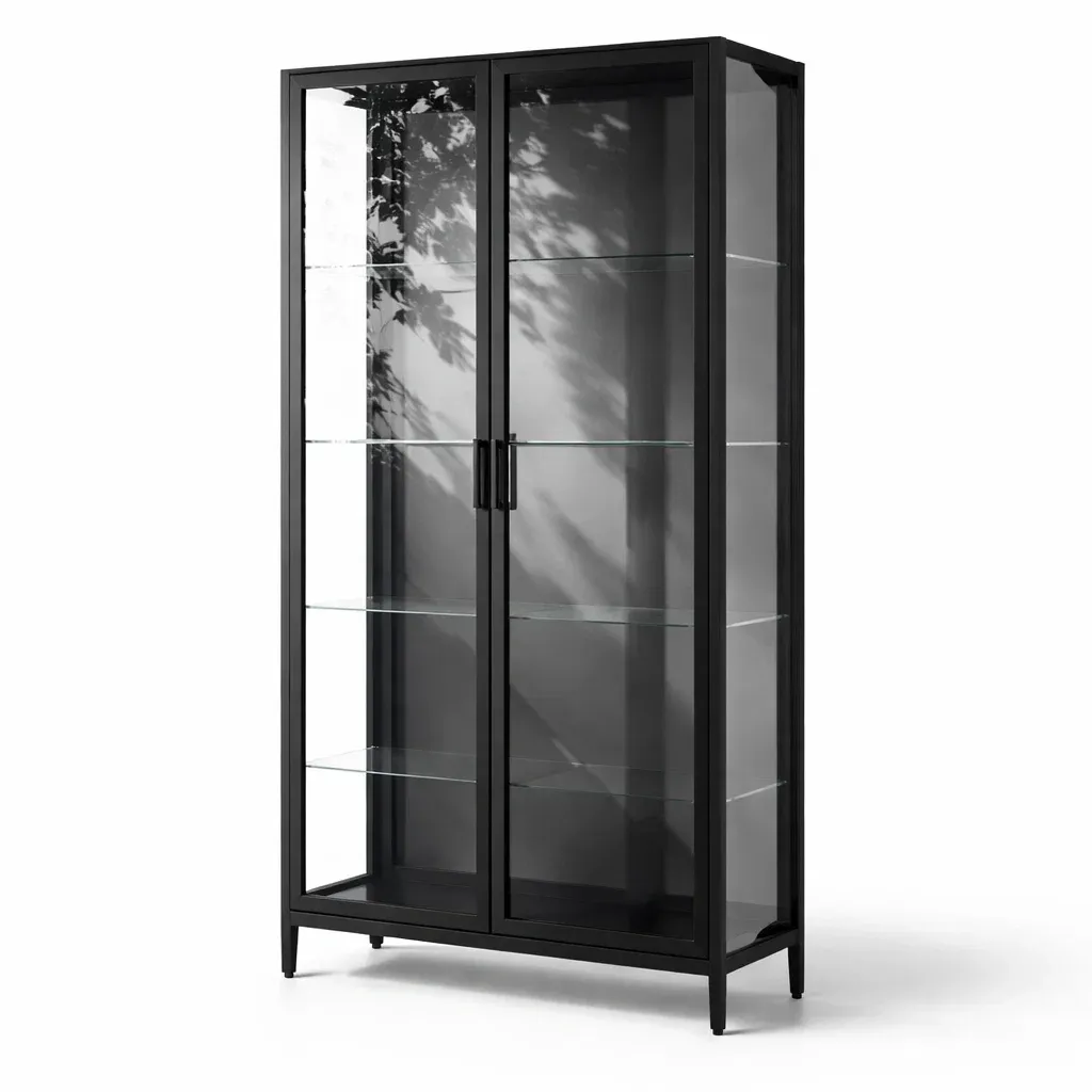 Display Cabinet Black Metal with Tempered Glass Hinged Doors and Shelves-ROOMGLOWZ