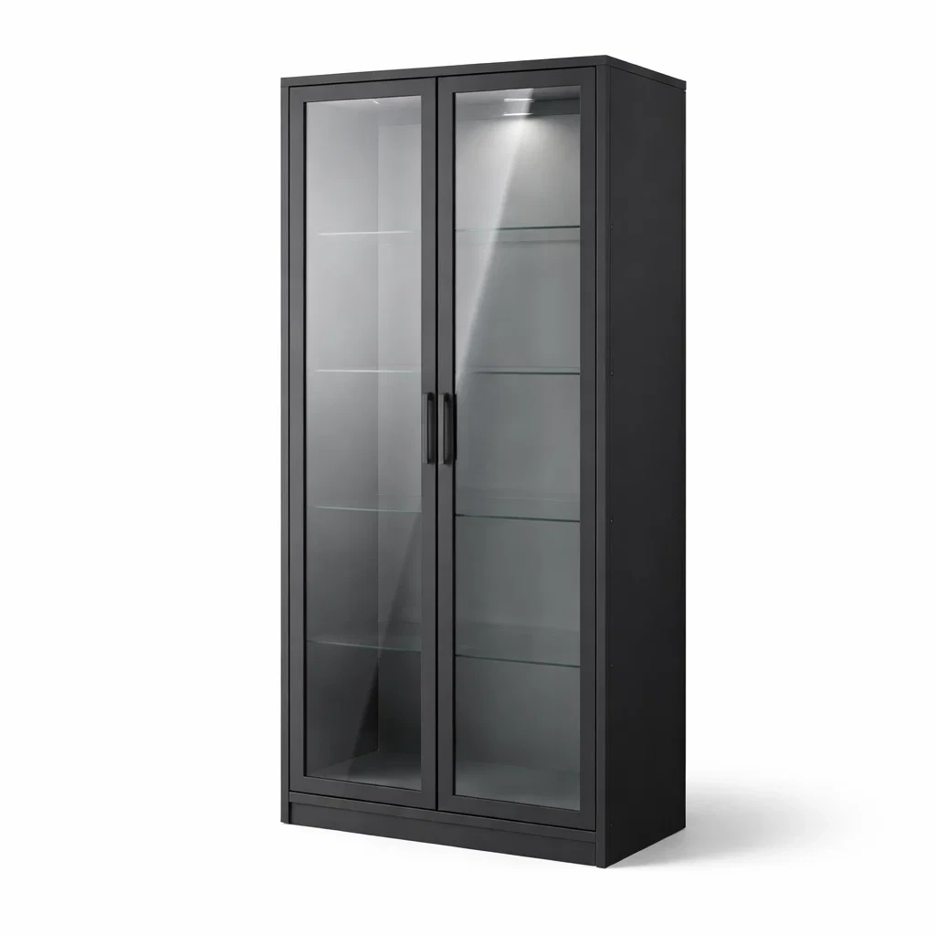 Display Cabinet Black Glass with Shelves and Double Doors-ROOMGLOWZ