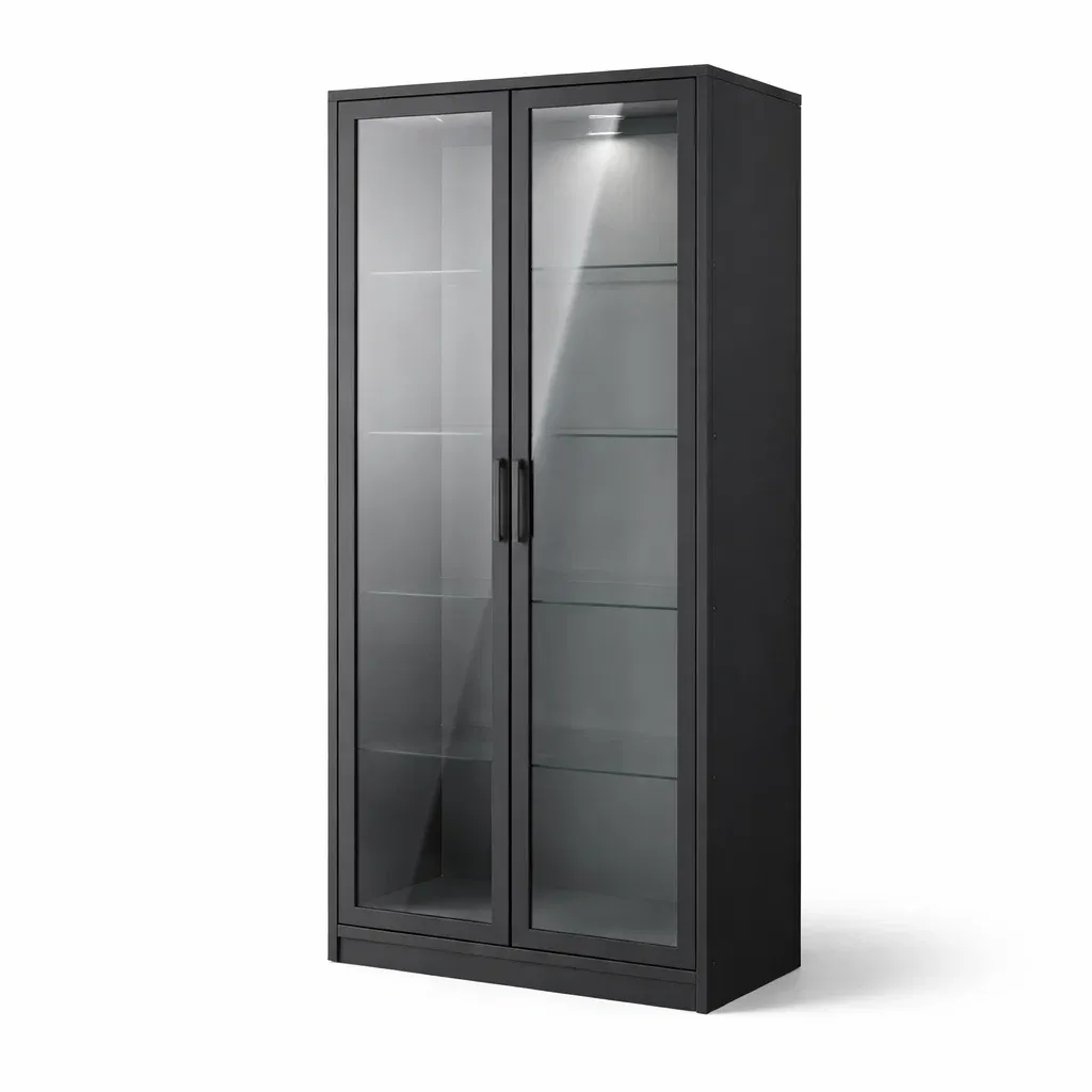 Display Cabinet Black Glass with Shelves and Double Doors-ROOMGLOWZ