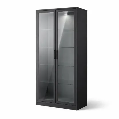 Display Cabinet Black Glass with Shelves and Double Doors-ROOMGLOWZ