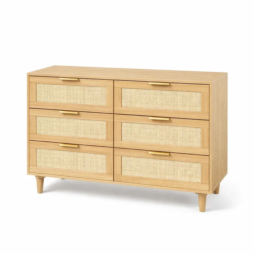 Drawer Unit Wooden with Rattan Fronts and Brass Metal Handles-ROOMGLOWZ