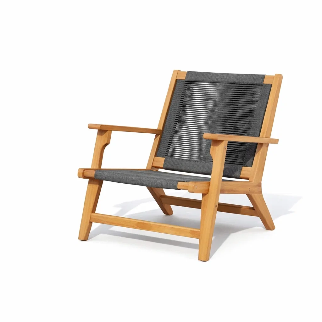 Chair Teak Wood Lounge with Polyester Cord Seat Grey 80x70x65 cm-ROOMGLOWZ