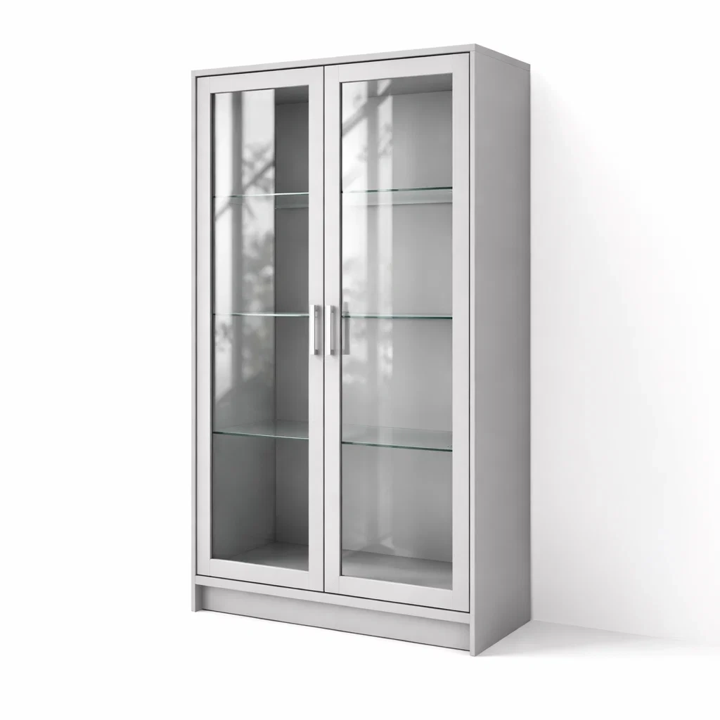 Display Cabinet Glass Two Doors MDF Grey-ROOMGLOWZ