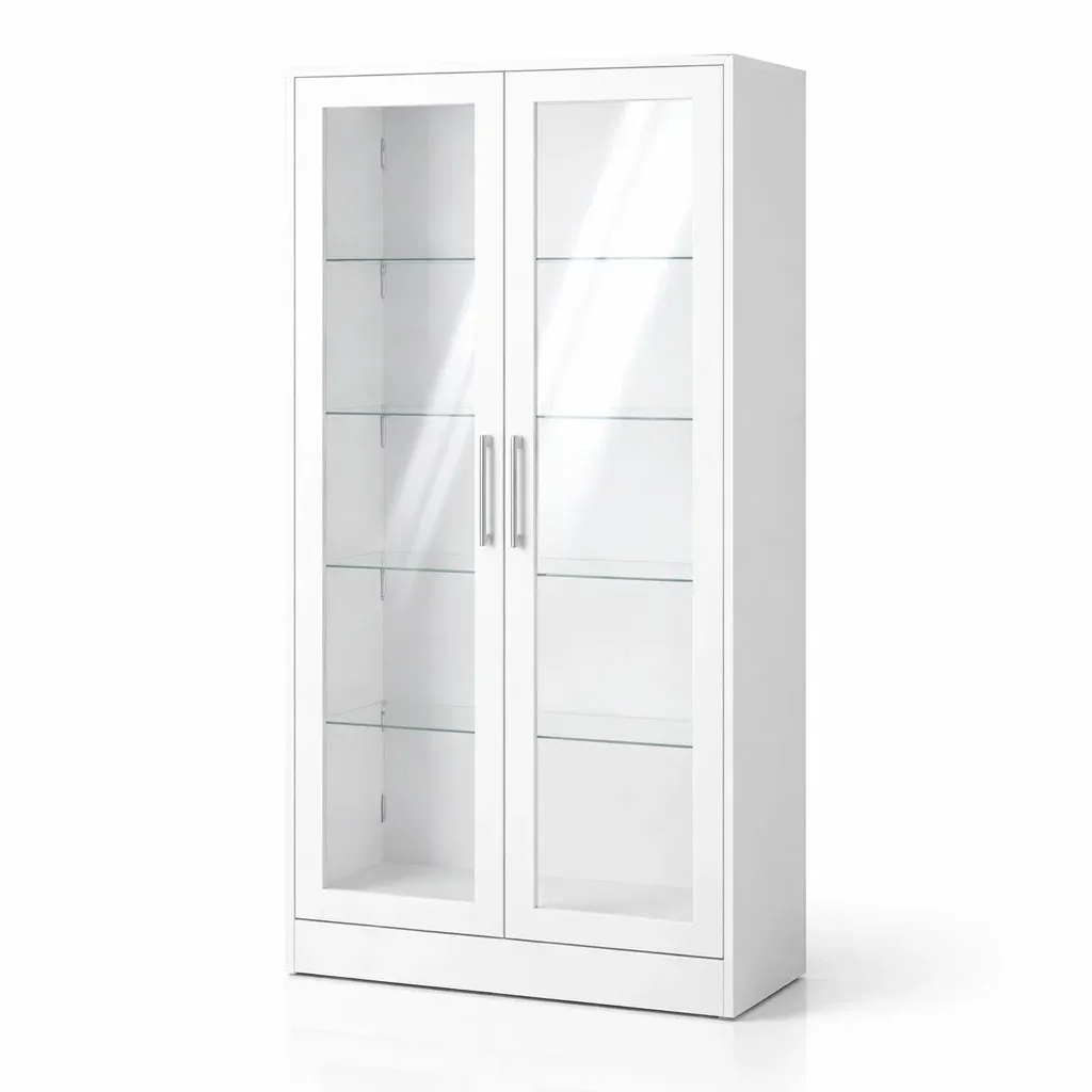 Display Cabinet White Glass with Shelves and Doors-ROOMGLOWZ