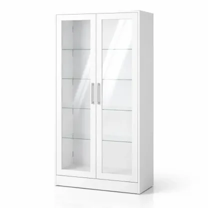 Display Cabinet White Glass with Shelves and Doors-ROOMGLOWZ
