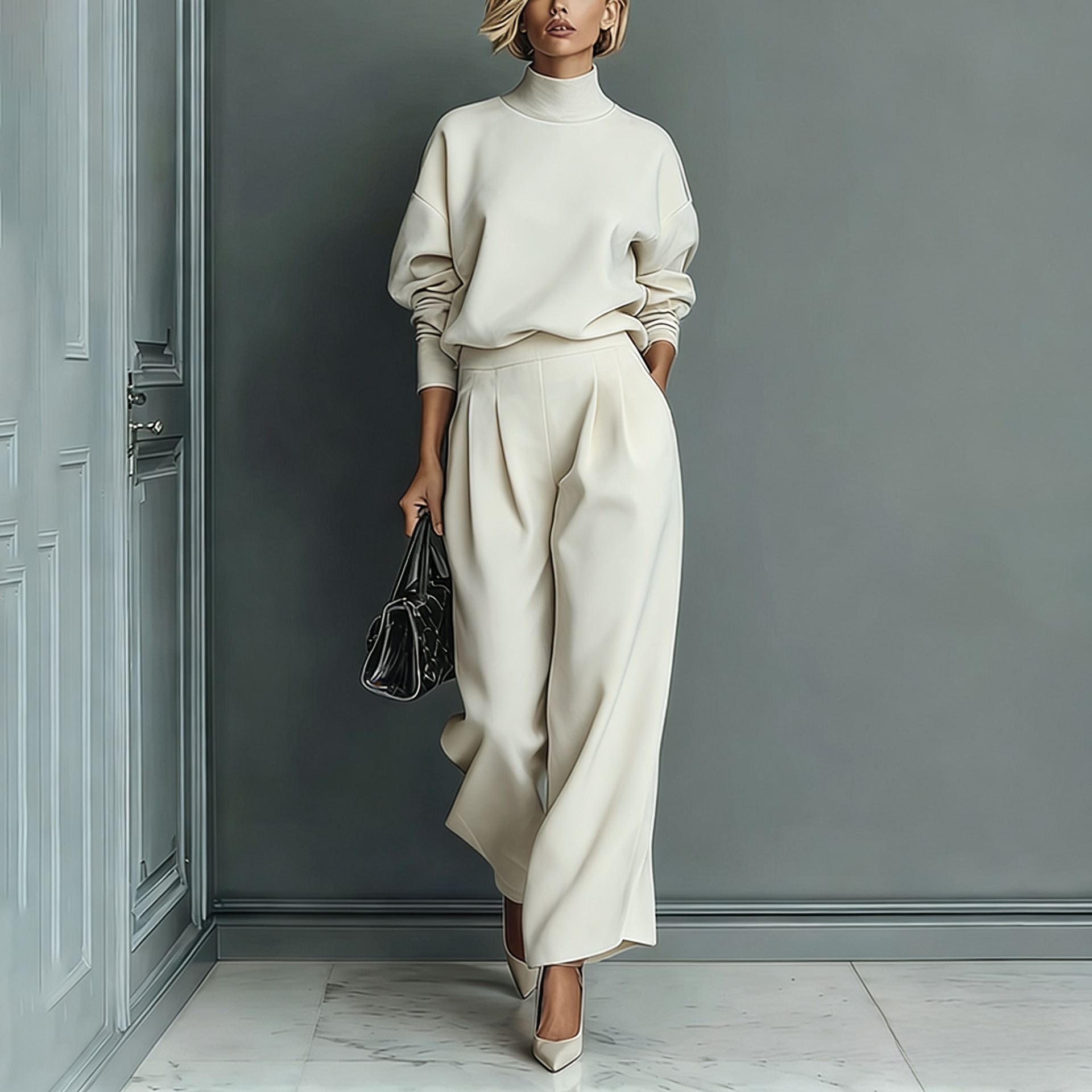 Stylish Velvet Turtleneck Long-sleeved Top and Casual Pocket Wide-leg Pants Set