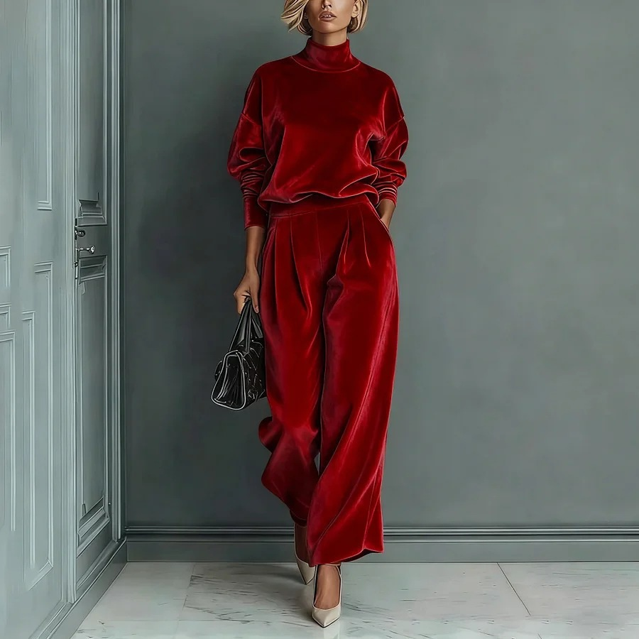 Stylish Velvet Turtleneck Long-sleeved Top and Casual Pocket Wide-leg Pants Set