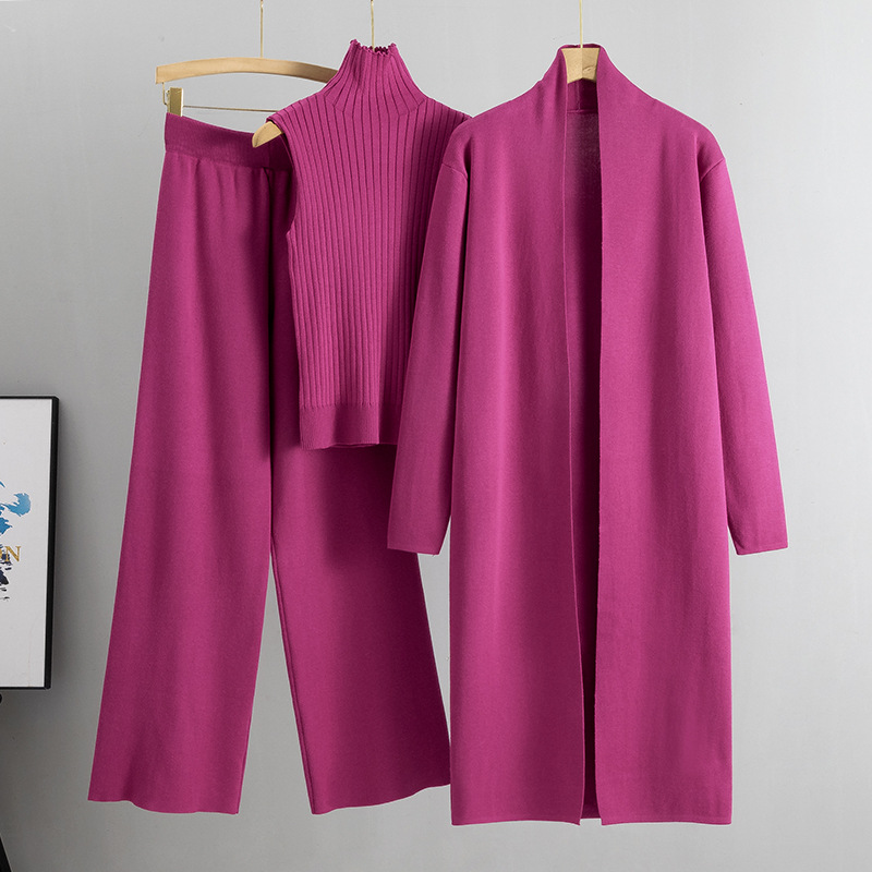 3-Piece Minimalist Knit Set – Long Cardigan, Sleeveless Top & Wide-Leg Pants