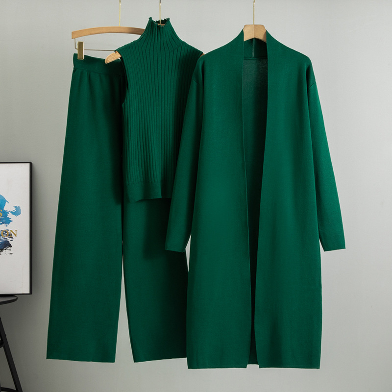 3-Piece Minimalist Knit Set – Long Cardigan, Sleeveless Top & Wide-Leg Pants