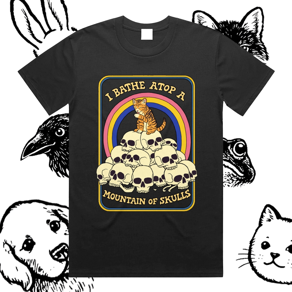 I Bathe Atop A Mountain Of Skulls - Cotton Classic Fit Retro Dark Humor Graphic Tee