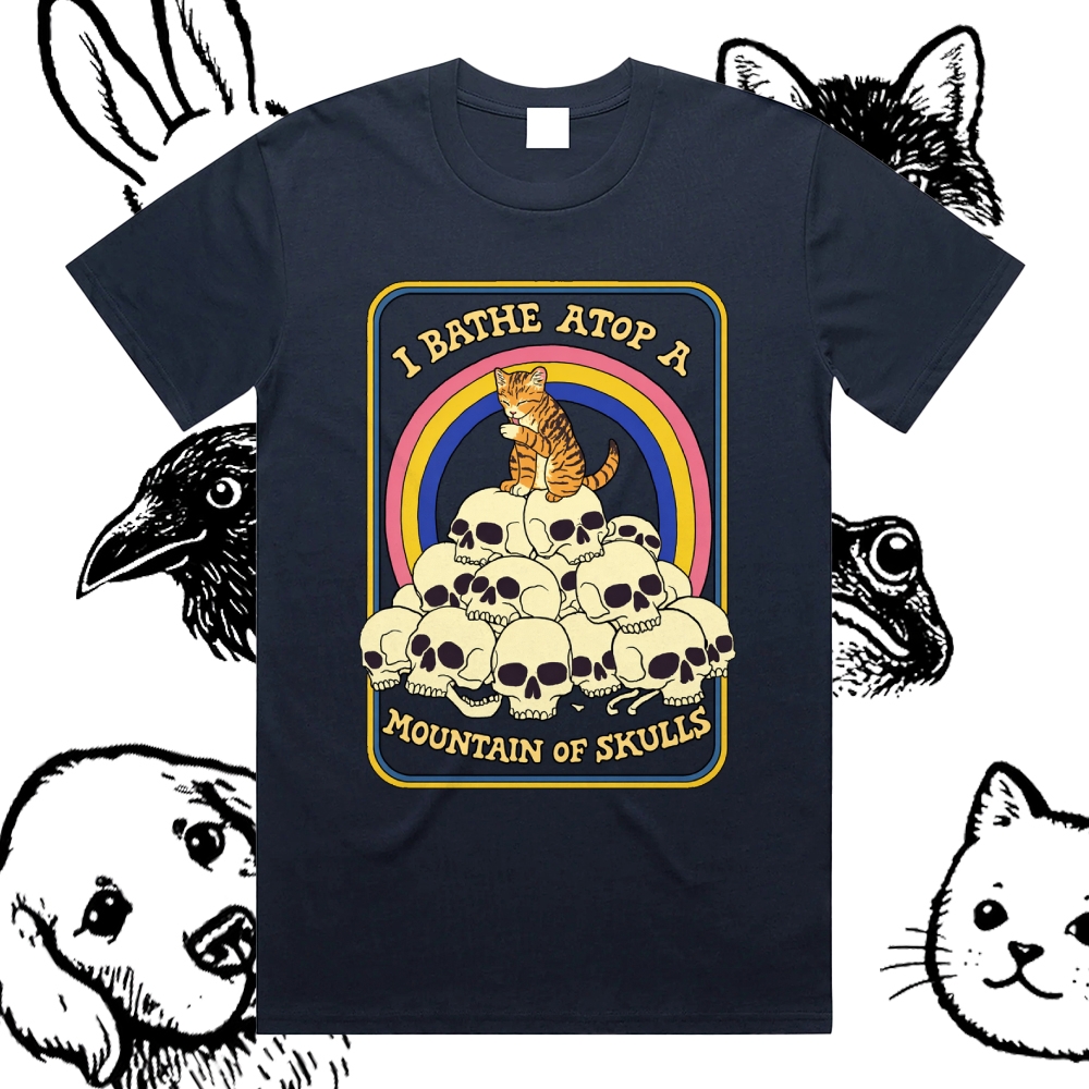I Bathe Atop A Mountain Of Skulls - Cotton Classic Fit Retro Dark Humor Graphic Tee